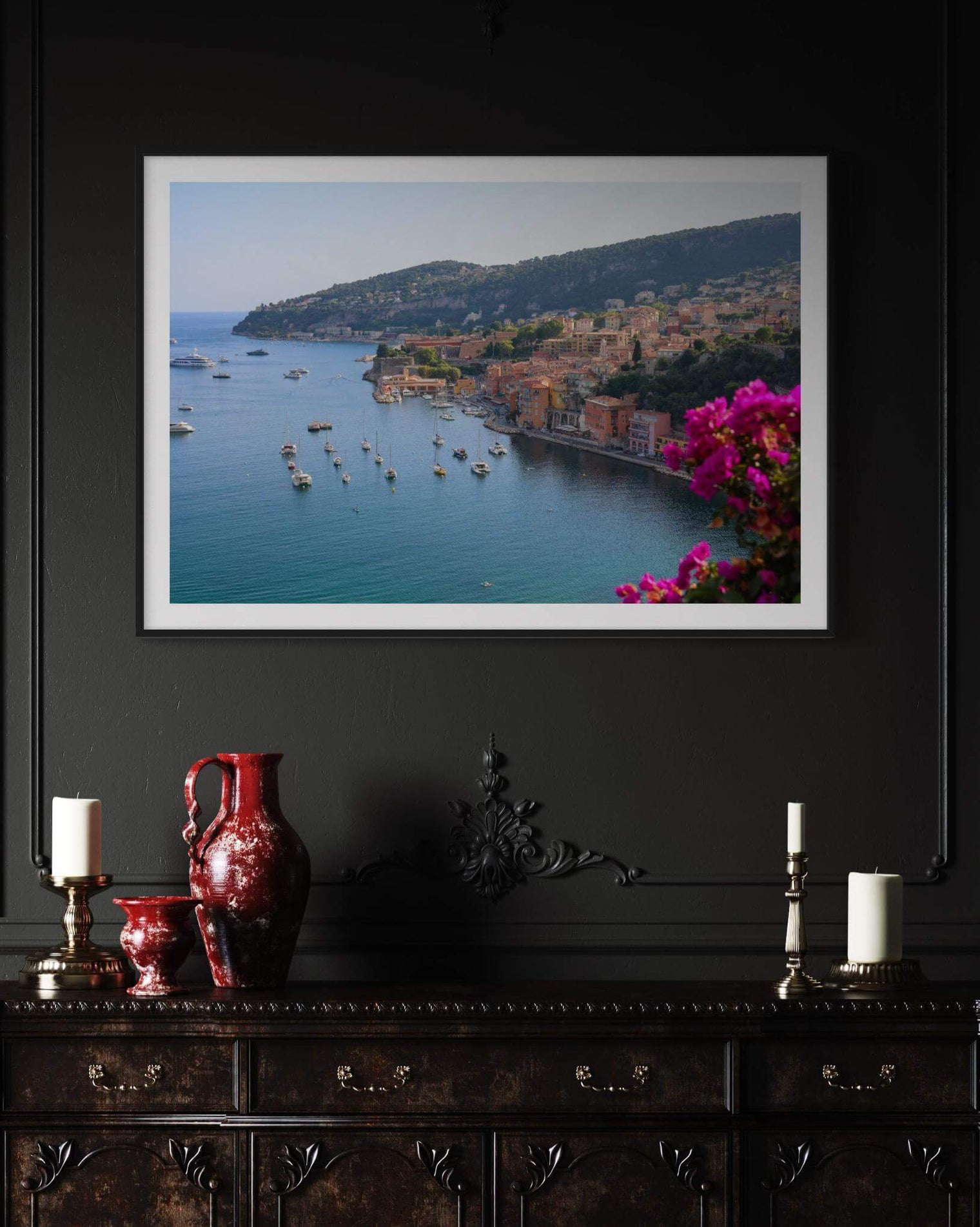 Villefranche Print featuring stunning view of Villefranche-sur-Mer with bougainvillea and coastal boats