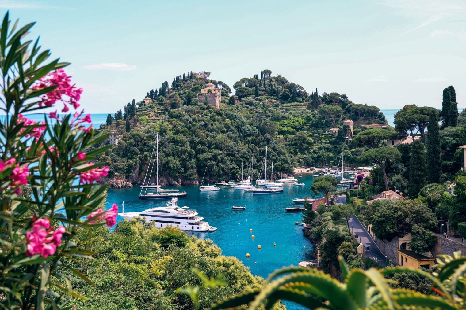 Elegant Portofino Print showcasing boats in the turquoise bay framed by vibrant pink oleander flowers.