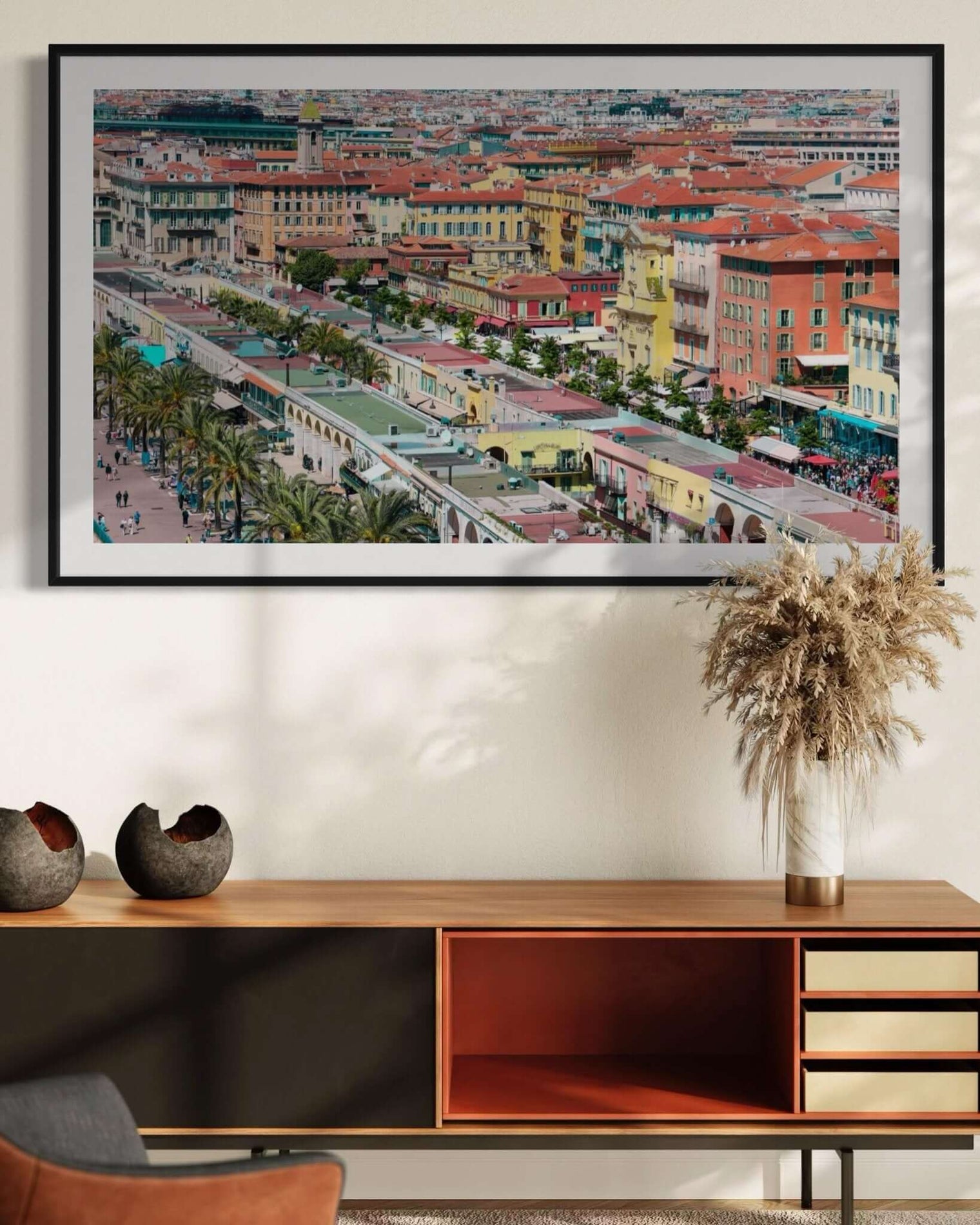 Cote d'Azur Print showcasing Cours Saleya market square in Nice with colorful buildings and palm trees.