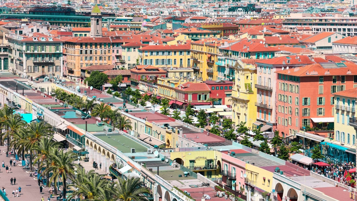 Cours Saleya vibrant market in Nice with palm trees and colorful Côte d’Azur Print capturing the Mediterranean charm.