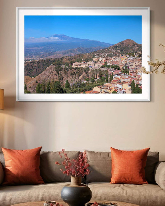 Taormina Print featuring scenic view of Taormina with Mount Etna in the background and clear blue sky.