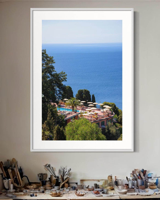 Italy Print of Hotel Villa Diodoro with stunning view of the Ionian coastline and serene swimming pool.