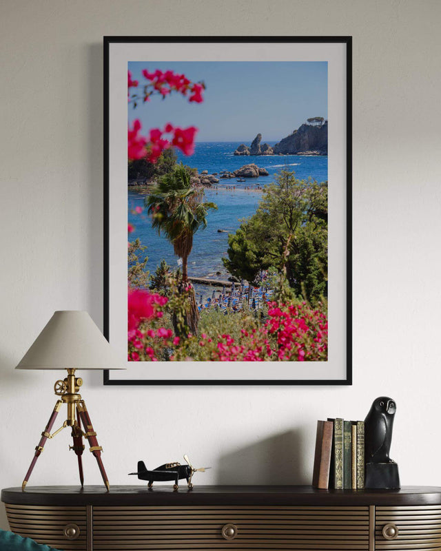 Framed art print of Isola Bella in Sicily, showcasing vibrant flowers and the stunning Ionian Sea. Perfect Sicily Print.