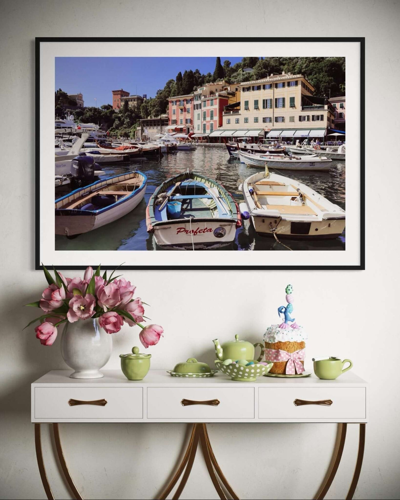 Wall Art of a Boat Print featuring fishing boat Profeta in the scenic harbor of Portofino with colorful buildings.