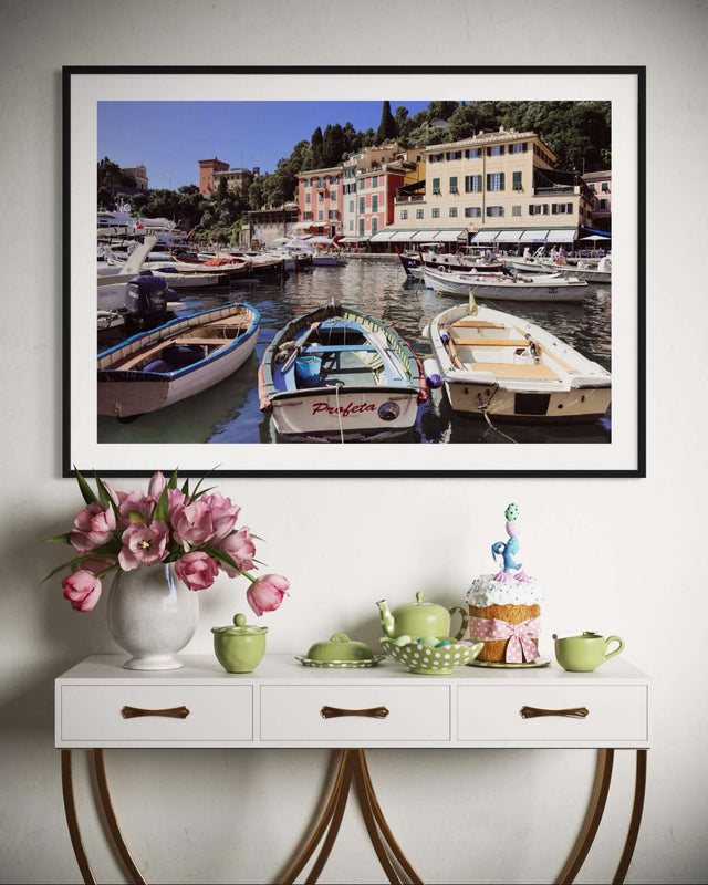 Wall Art of a Boat Print featuring fishing boat Profeta in the scenic harbor of Portofino with colorful buildings.