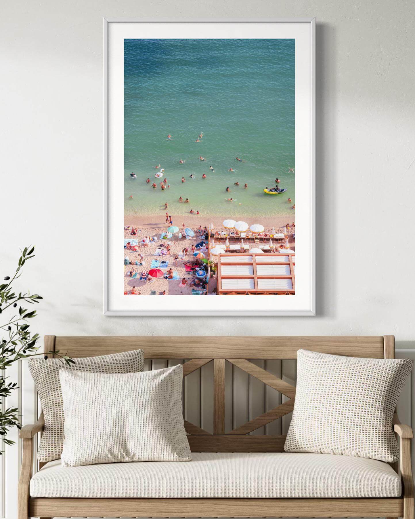 Colorful Villefranche Print capturing sunbathers and turquoise waters at a beach in Côte d’Azur.