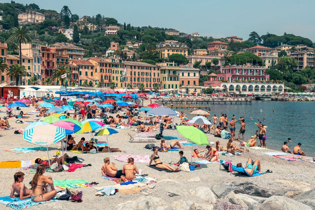 Italy Beach Print featuring a vibrant scene in Santa Margherita Ligure, showcasing sunbathers and colorful umbrellas.