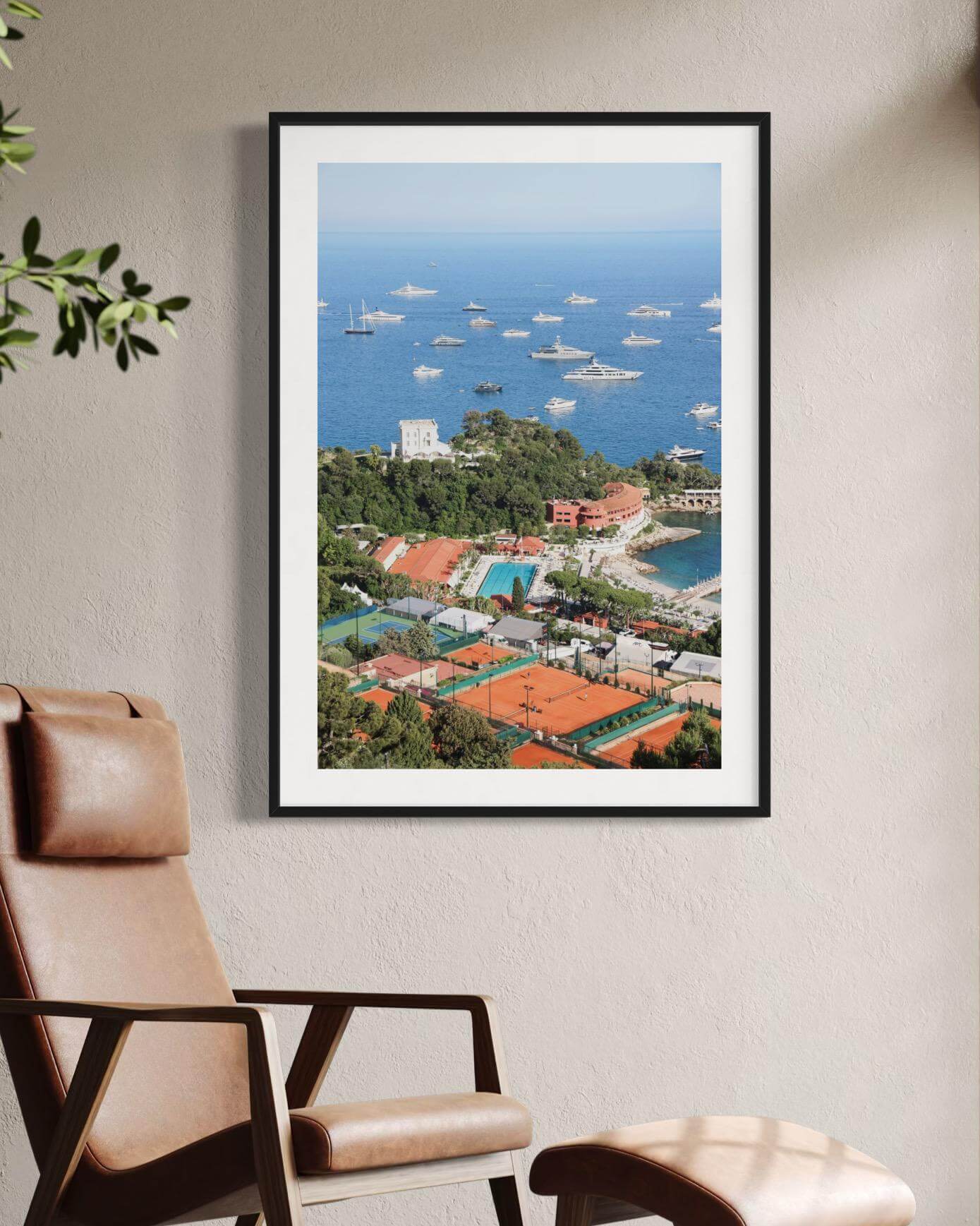 Monaco Print featuring aerial view of Monte Carlo with superyachts and clay courts in background.