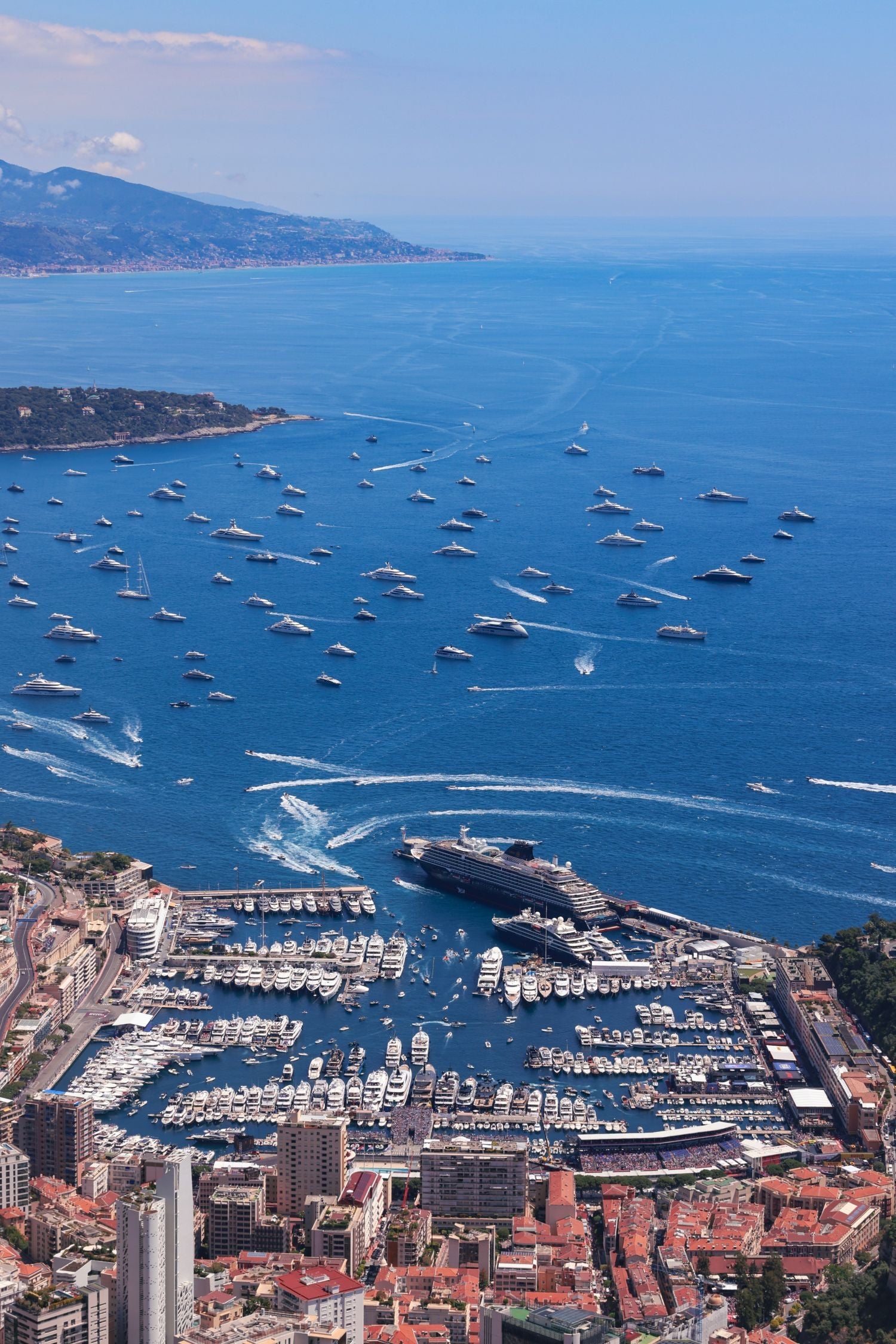 Aerial view of the Monaco harbor with numerous yachts, showcasing the vibrant scenery of the Monaco Print.