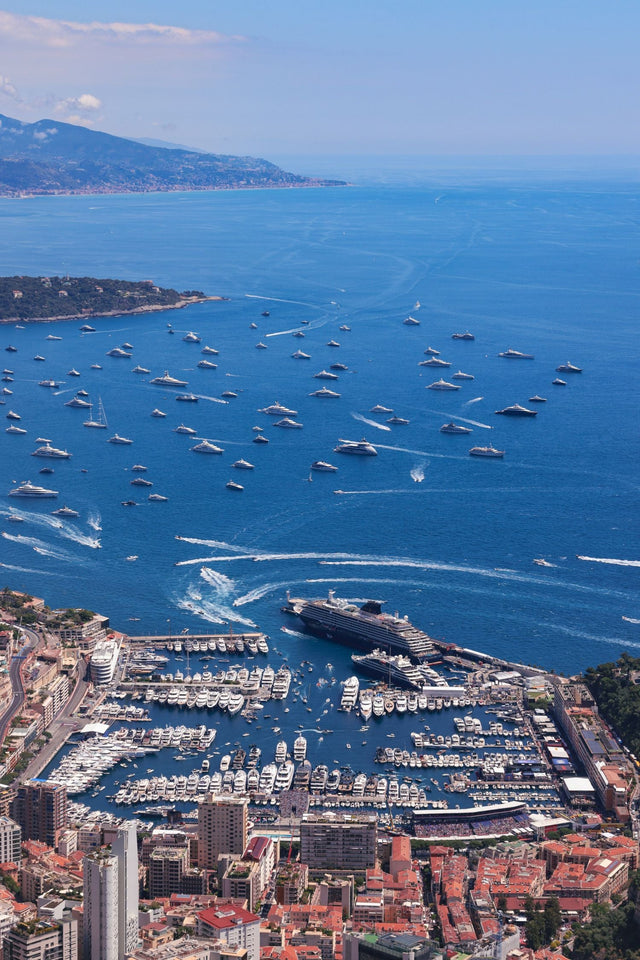 Aerial view of the Monaco harbor with numerous yachts, showcasing the vibrant scenery of the Monaco Print.