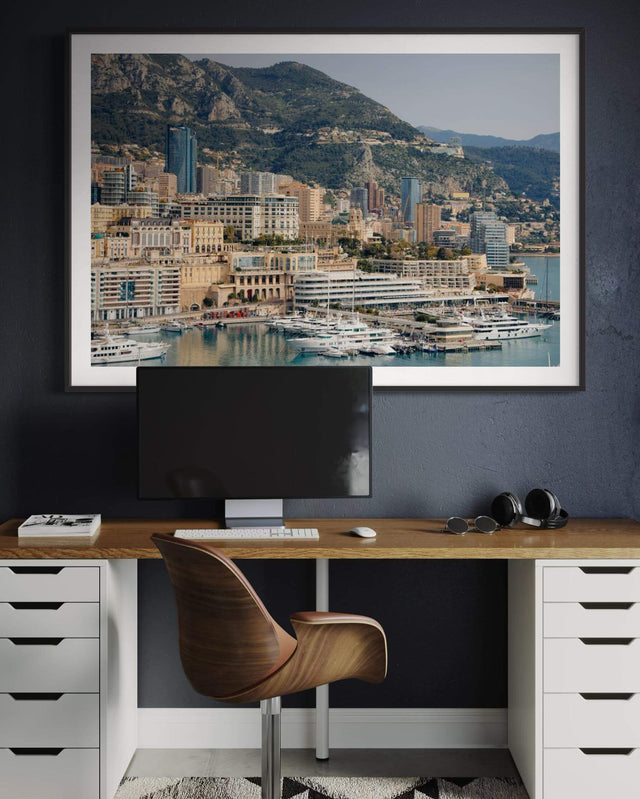 Monaco Print of the iconic harbor in Monaco featuring yachts and prestigious buildings.