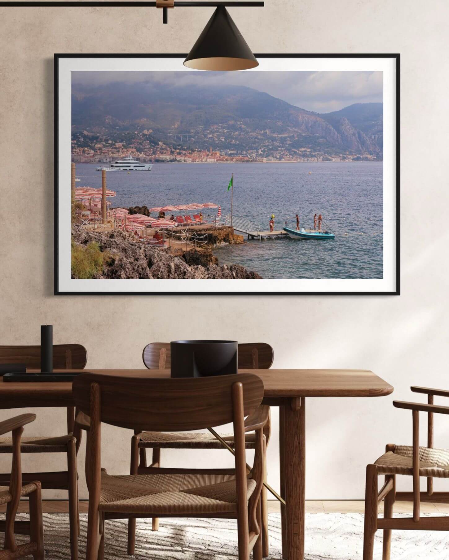 French Beach Print featuring the exclusive Maybourne La Plage with a picturesque view of Roquebrune Cap Martin.