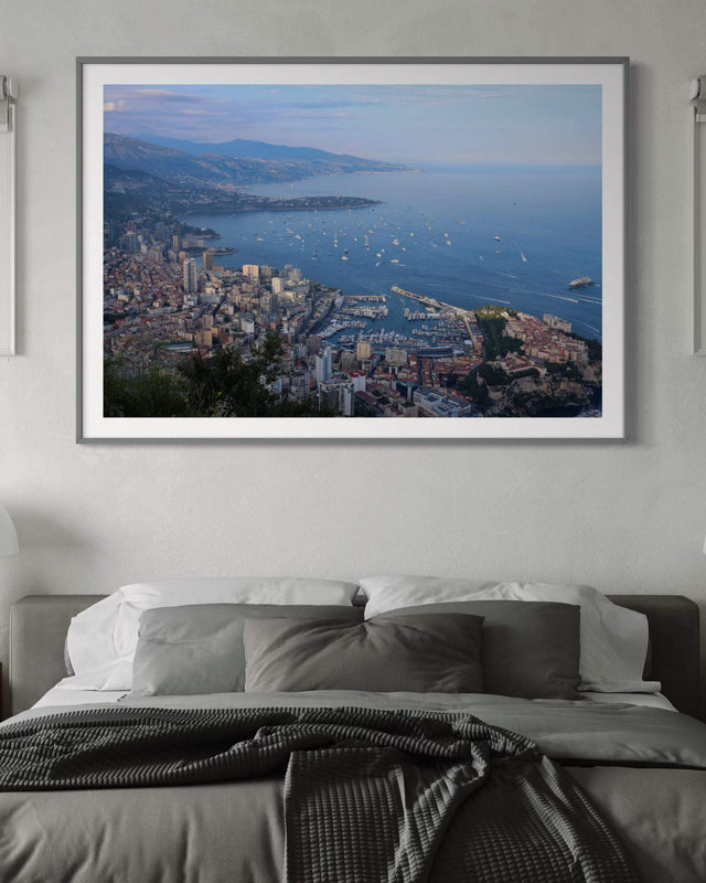 Stunning view of Monaco featuring luxury yachts, captured in a Superyacht Print, showcasing the Côte d’Azur.