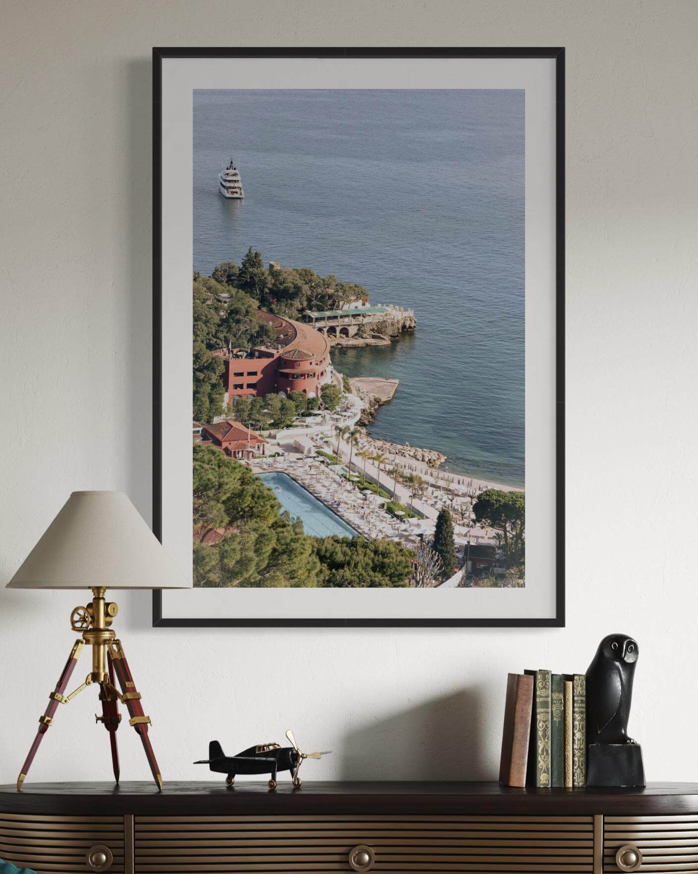 Aerial view of Monte Carlo Beach Club showcasing the Monaco Print and Mediterranean coastline.