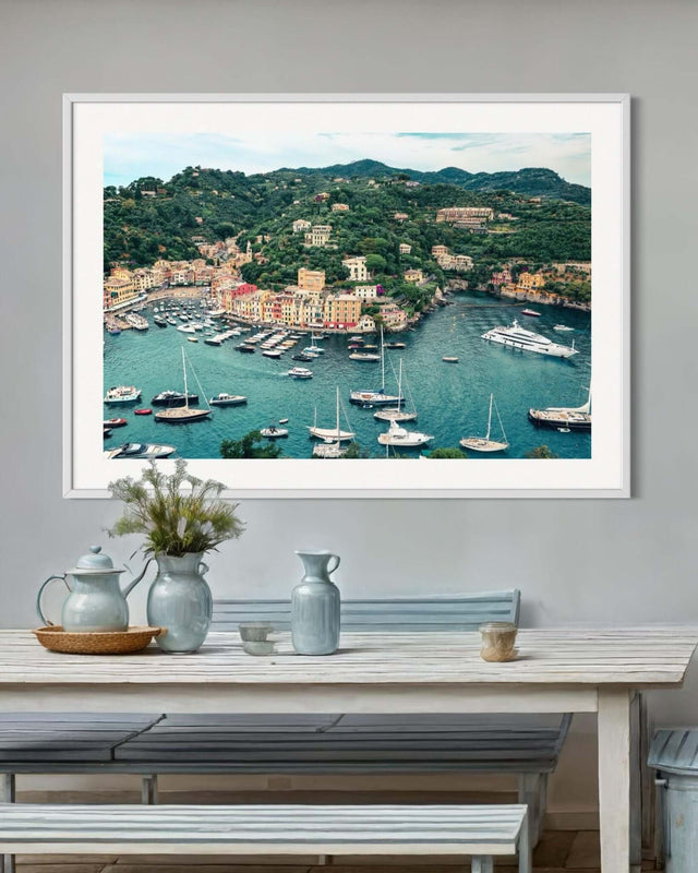 Aerial view of Portofino harbor with fishing vessels and yachts, perfect for a Portofino Print decor.