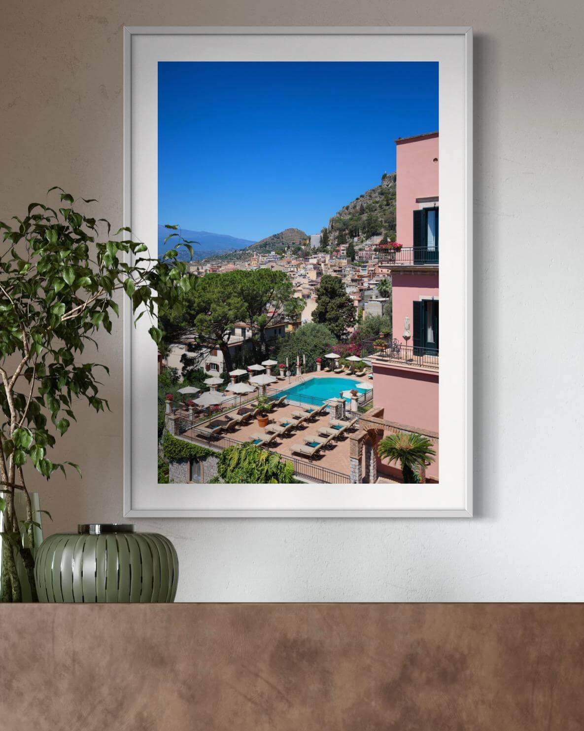 Taormina Print showcasing the Grand Hotel Timeo pool with sun loungers and historic backdrop in Sicily.