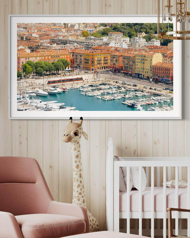 French Riviera Print of Port Lympia, showcasing the marina and colorful buildings of Nice.