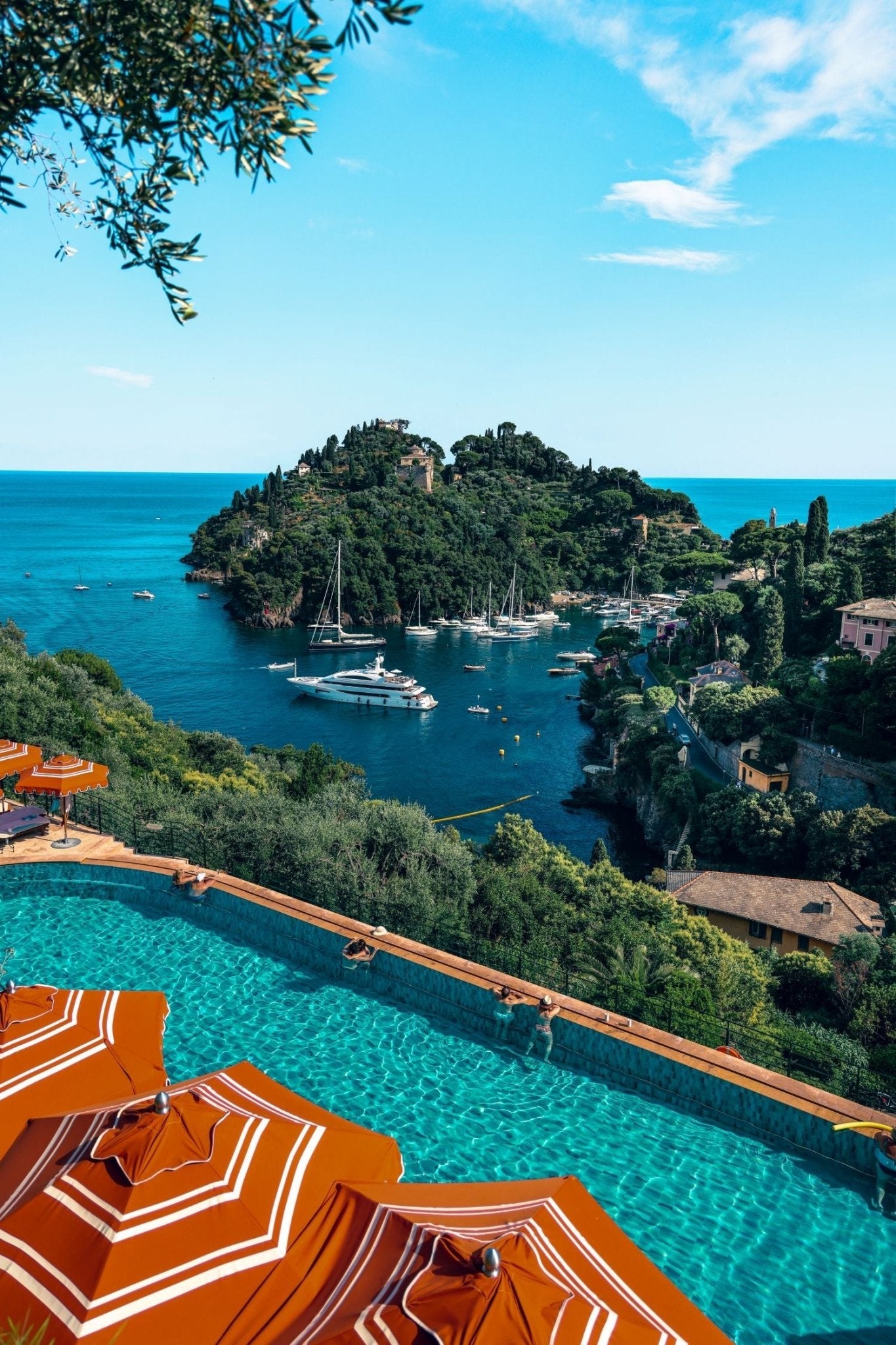 Portofino Print of the luxury swimming pool view from Belmond Splendido Hotel overlooking the paradise bay.