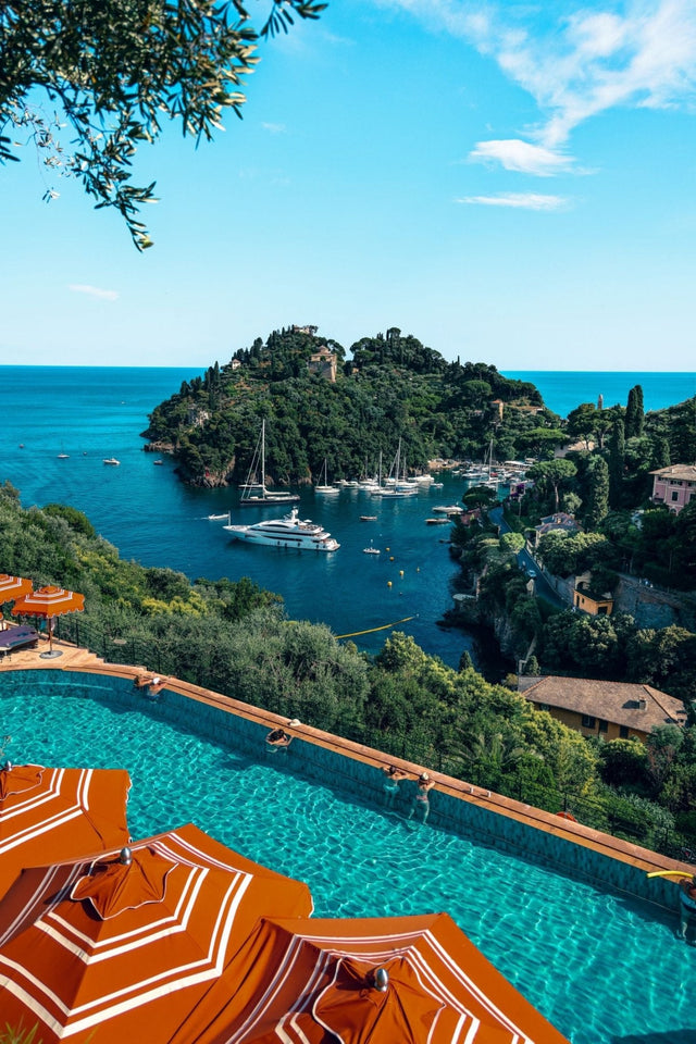 Portofino Print of the luxury swimming pool view from Belmond Splendido Hotel overlooking the paradise bay.