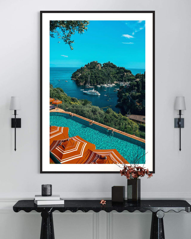 Portofino Print showcasing the Belmond Splendido Hotel's luxury pool and iconic orange parasols.