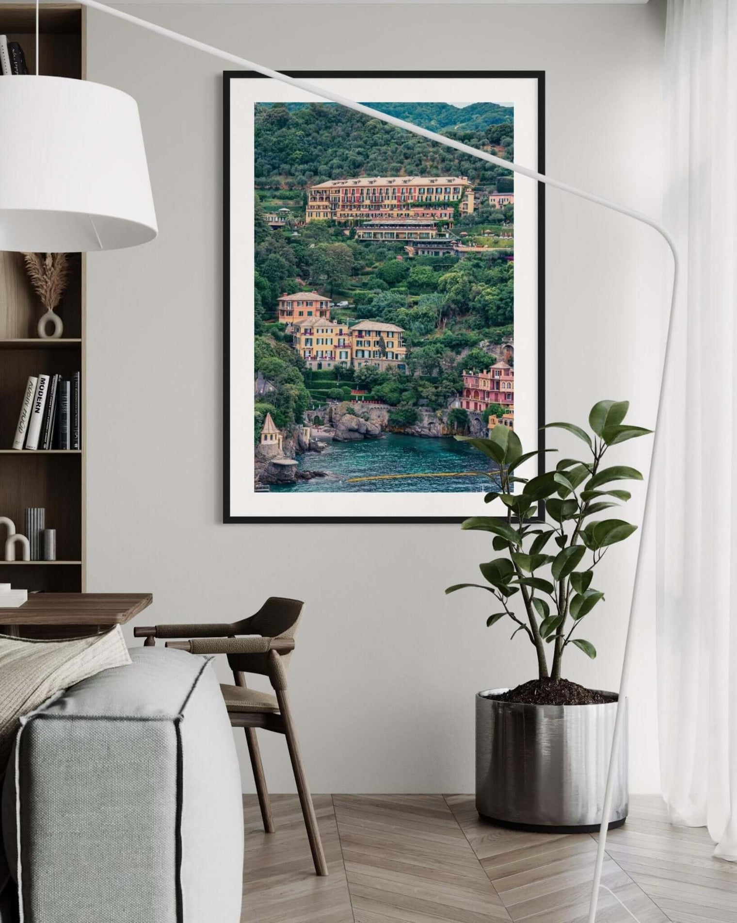 Portofino Print of the beautiful Splendido, a Belmond Hotel, viewed from Castello Brown in a stylish living room.
