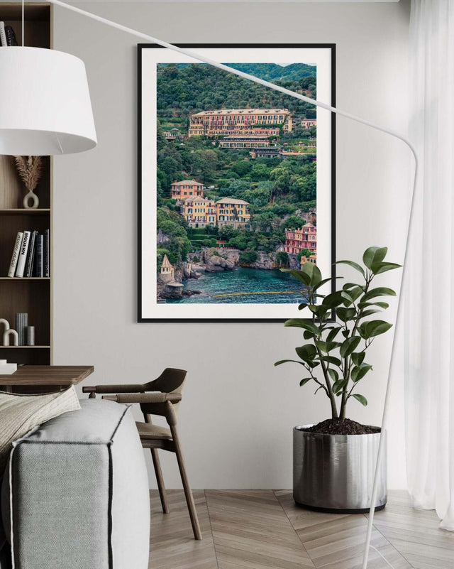Portofino Print of the beautiful Splendido, a Belmond Hotel, viewed from Castello Brown in a stylish living room.