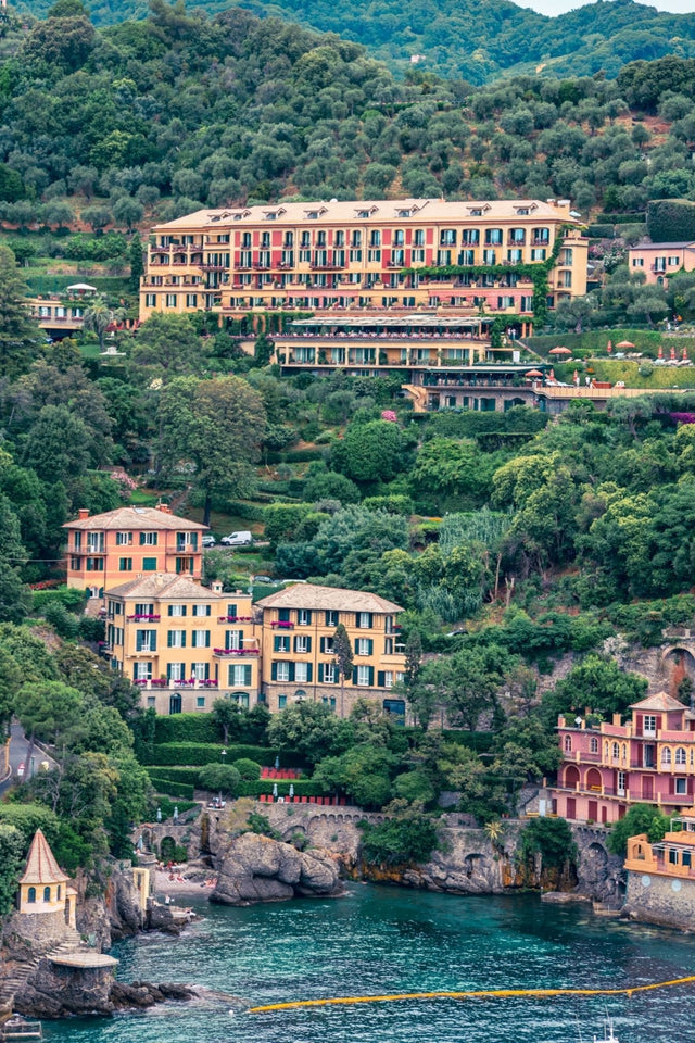 Portofino Print showing the beautiful Splendido hotel on the hills of Portofino.