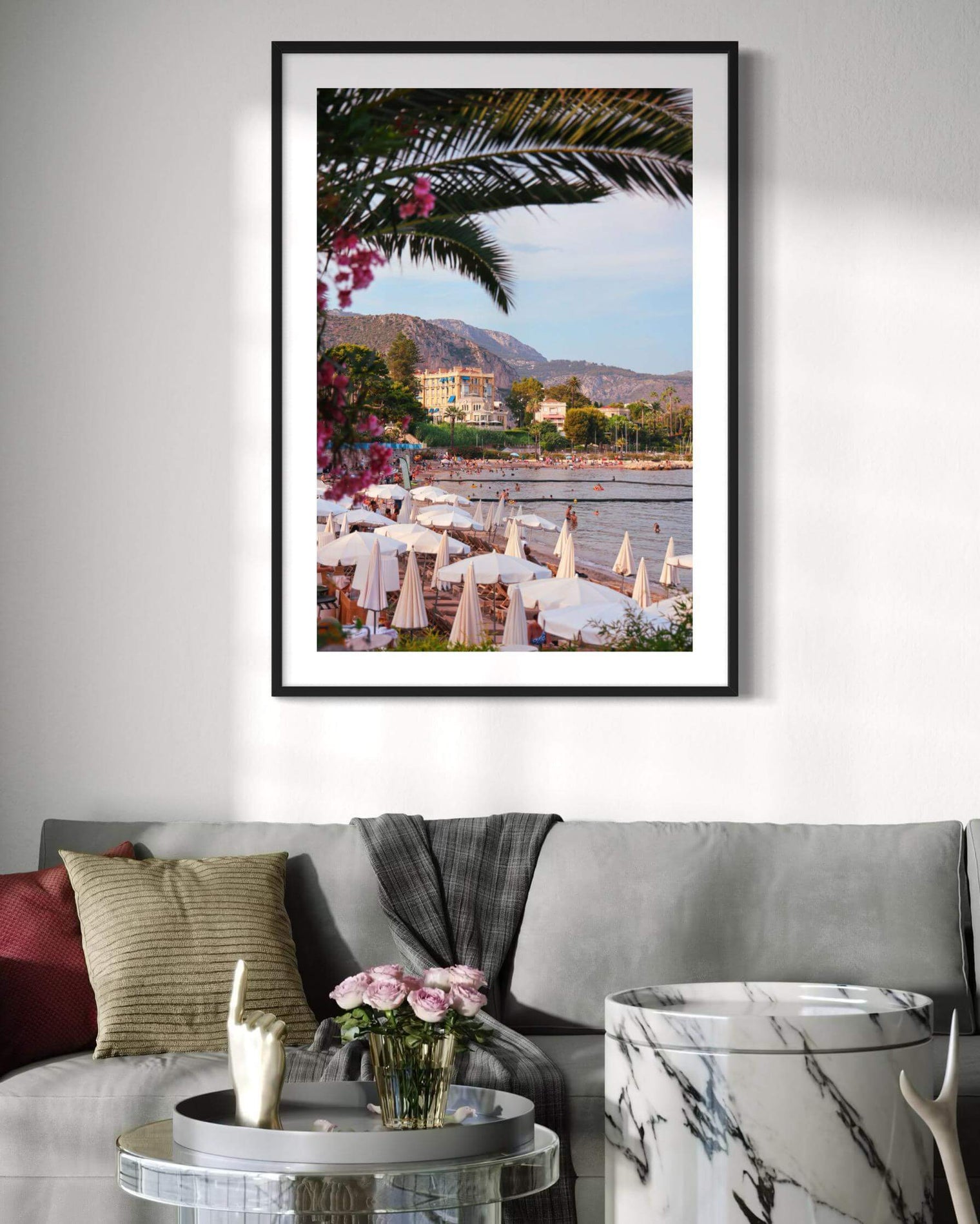 Elegant Beaulieu Print showcasing a sunny Côte d’Azur beach scene with palm trees and charming villas.