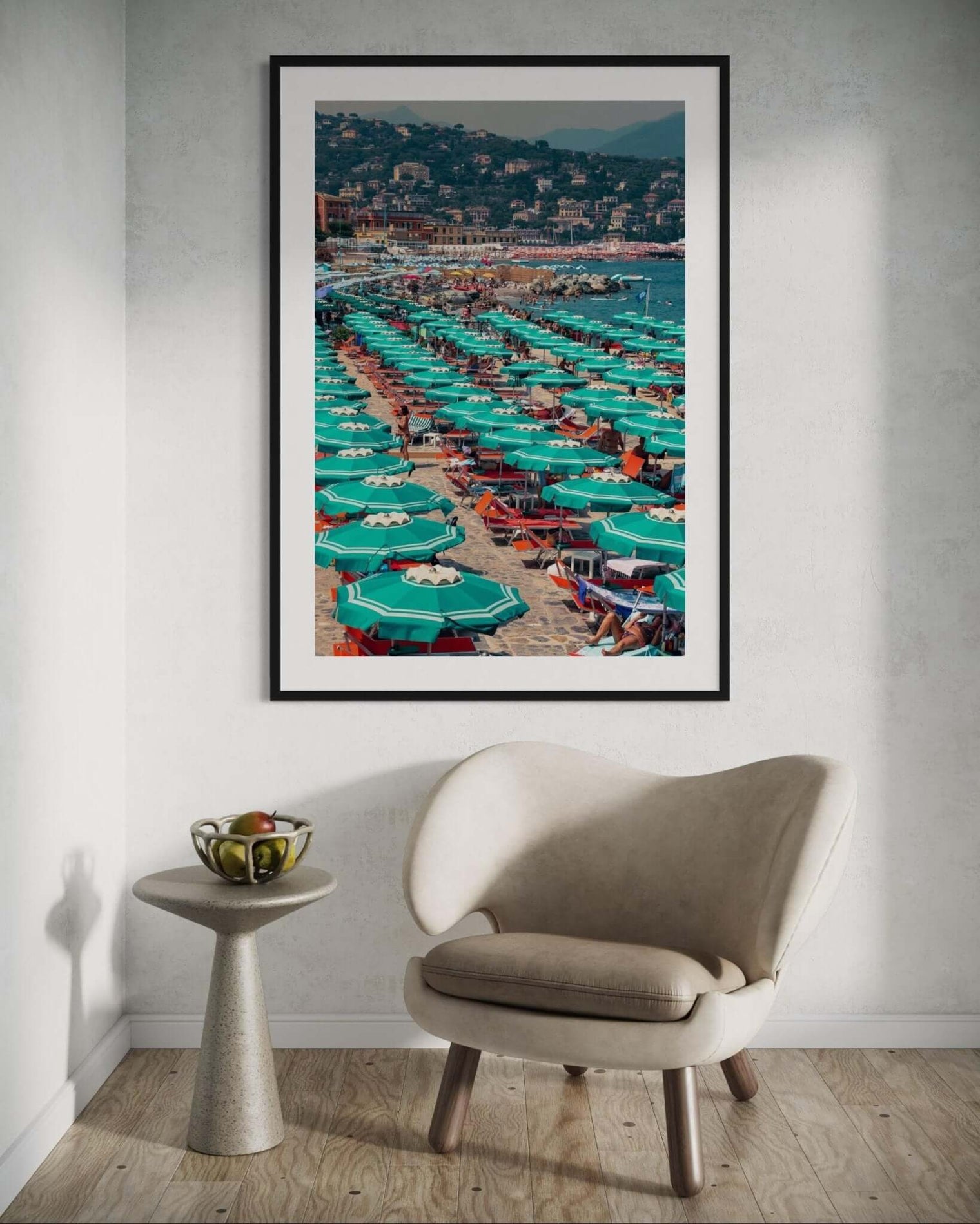 Italian Beach Print featuring vibrant green parasols at Spiaggia Regina Elena.