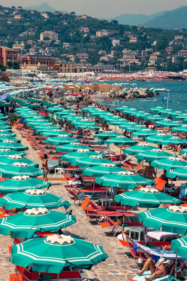 Italian Beach Print featuring green parasols lining the sandy beach near Santa Margherita Ligure and Portofino.