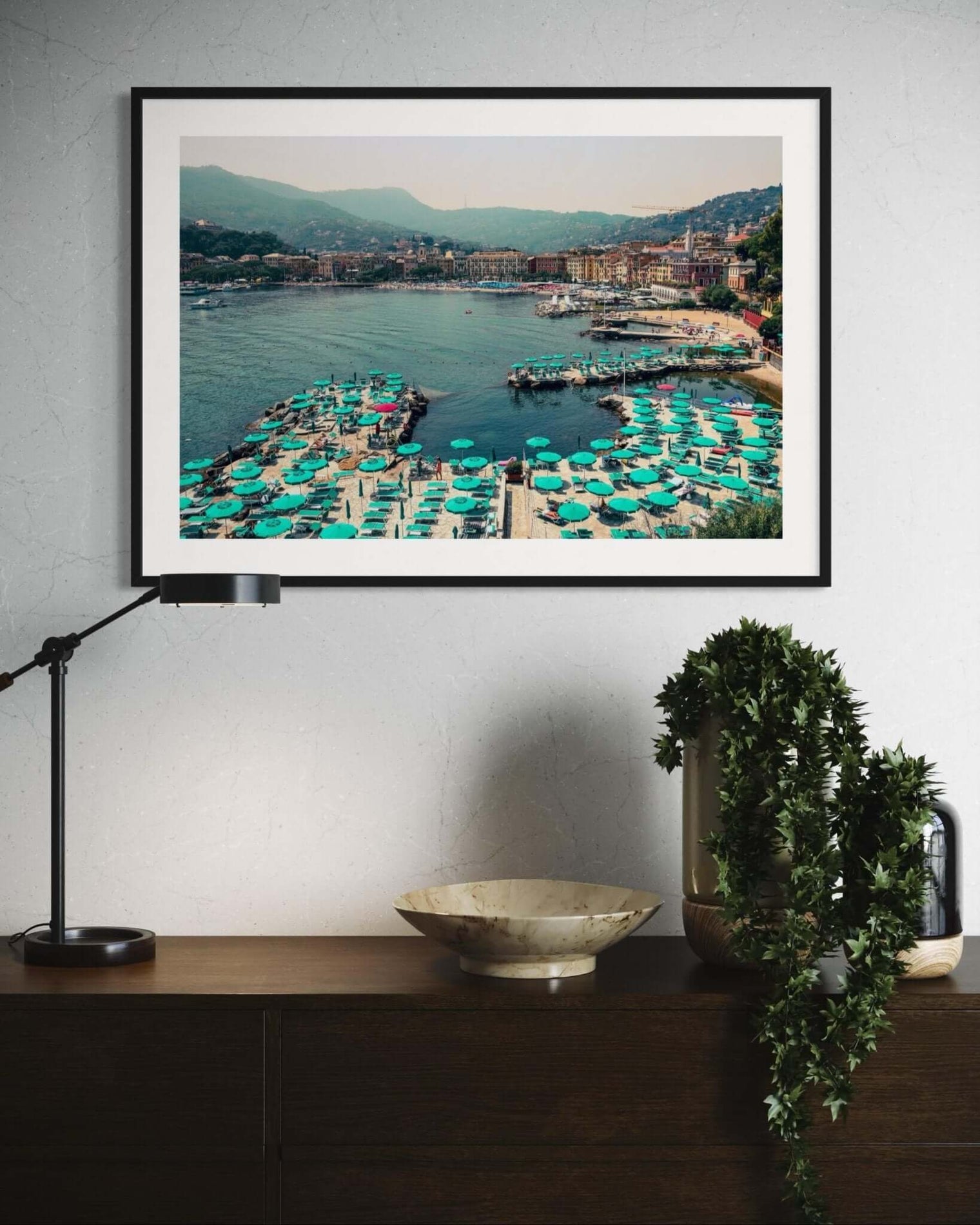 Italy Print of Hotel Metropole's beach club in Santa Margherita Ligure with sunbeds and parasols.