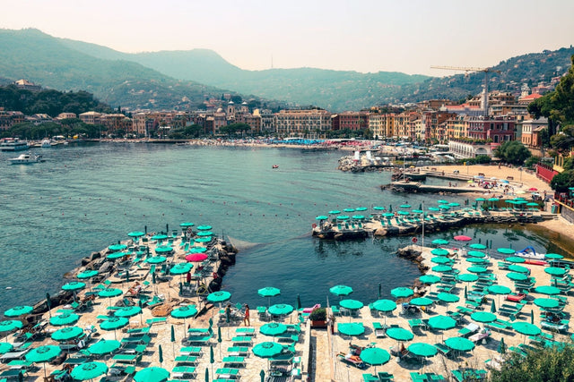 Sera a Santa Margherita overlooking the beach club and picturesque village, Italy Print.