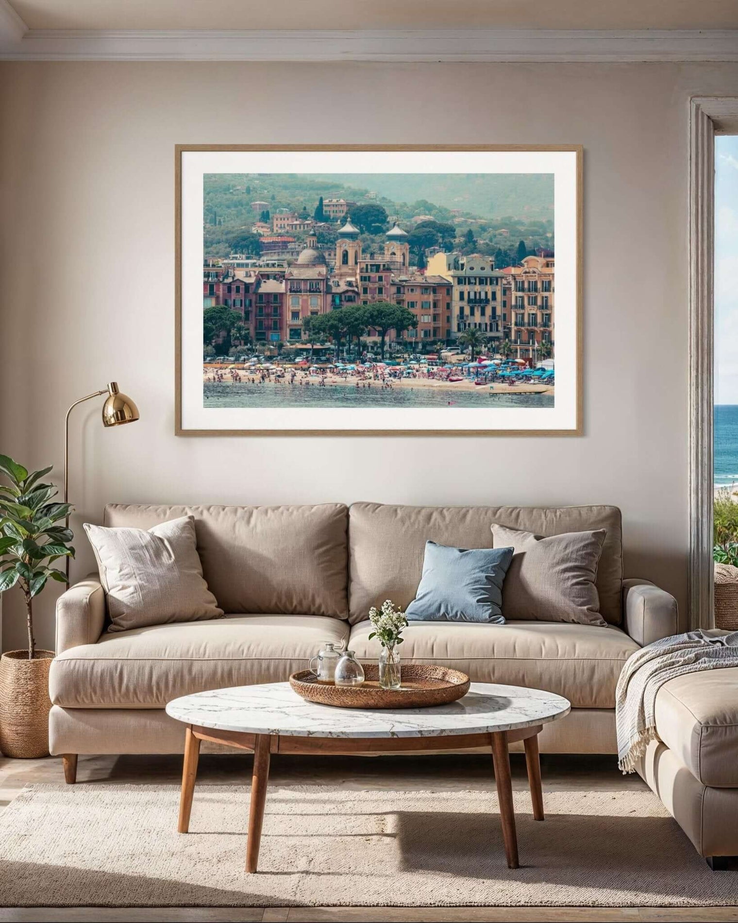 Santa Margherita Print showcasing a vibrant Italian beach and historic buildings bathed in evening light.