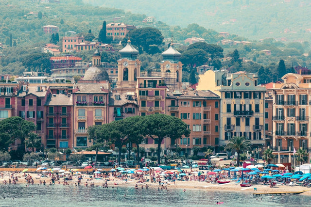 Santa Margherita Print featuring a vibrant Italian beach with historic buildings and evening light.