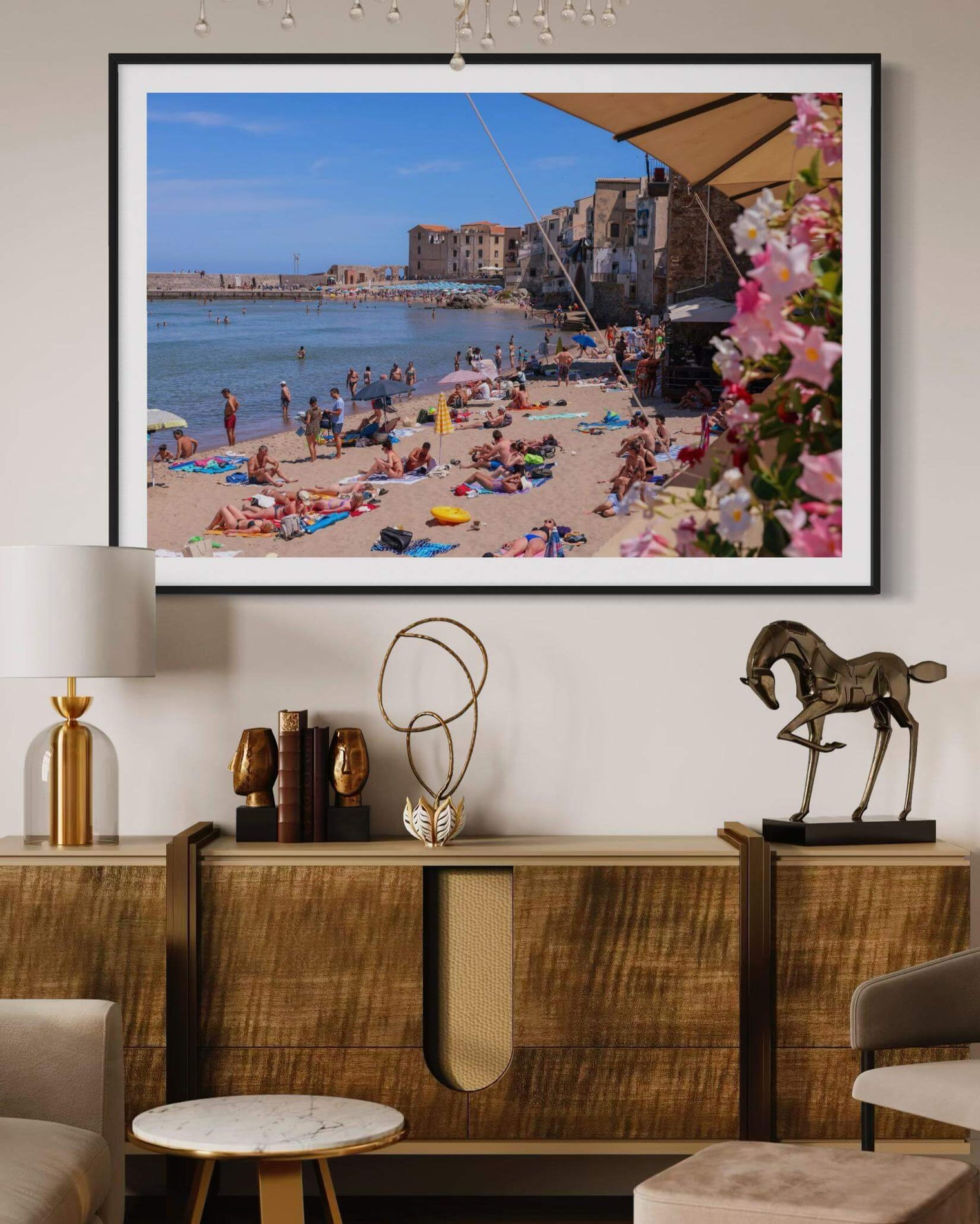 La Spiaggia di Cefalú Italian Beach Print showcasing a vibrant Sicilian beach scene with people and historic buildings.