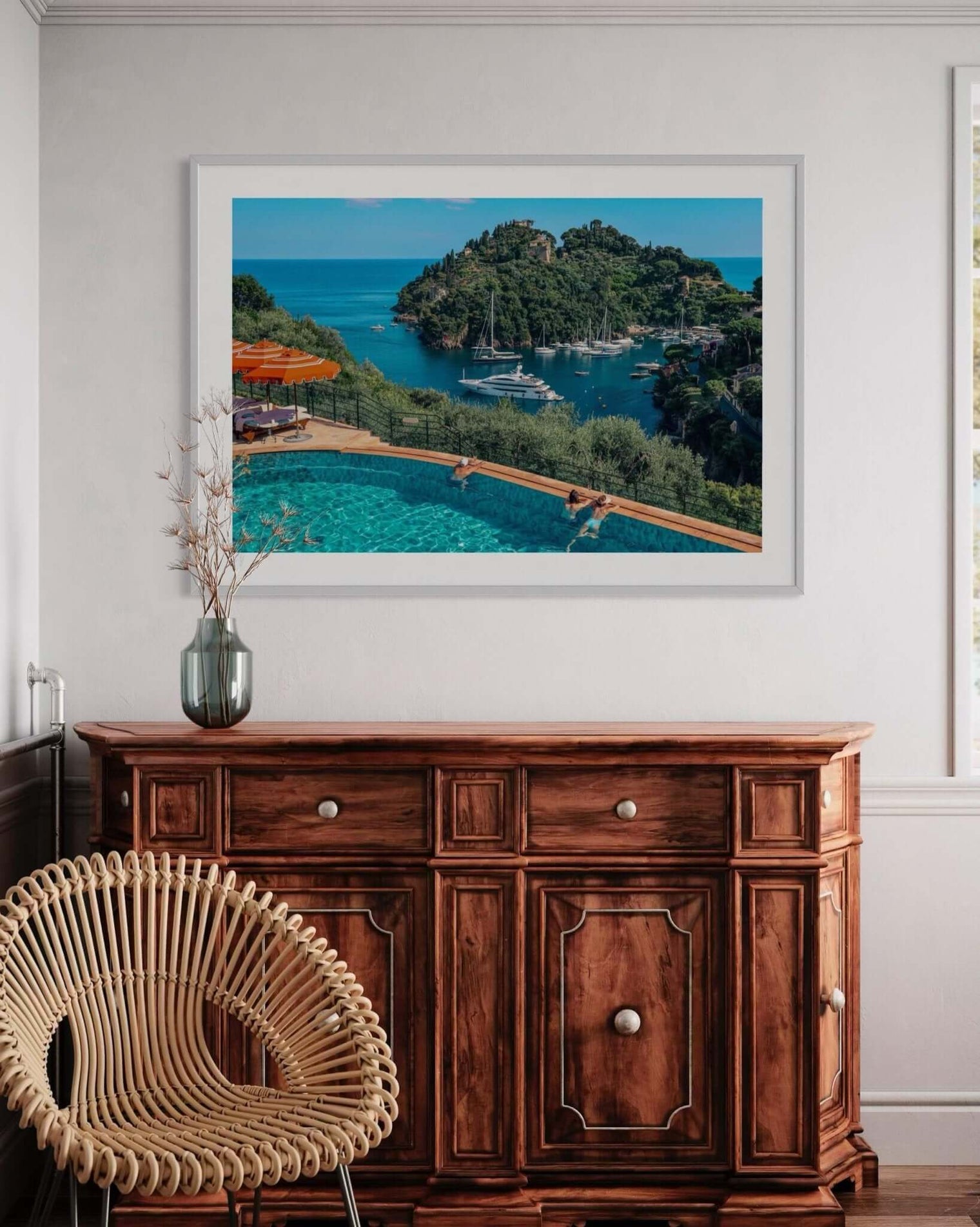 Portofino Print of the bay and anchored superyacht seen from Splendido Hotel in a stylish interior setting.