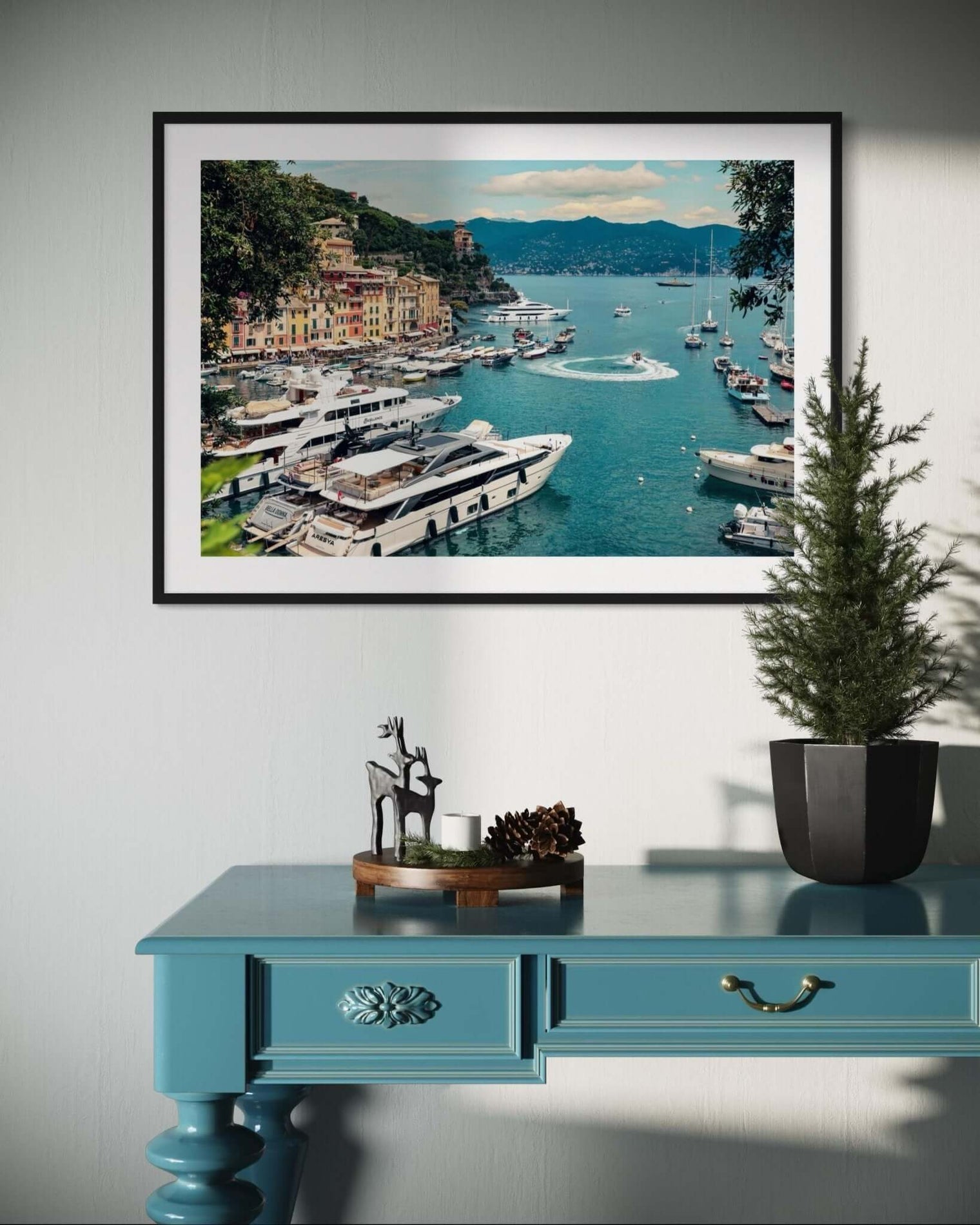 Portofino Print featuring U-Turn action of Guardia costiera among fishing vessels and superyachts in Portofino harbour.
