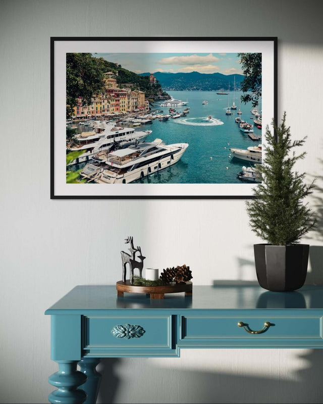 Portofino Print featuring U-Turn action of Guardia costiera among fishing vessels and superyachts in Portofino harbour.