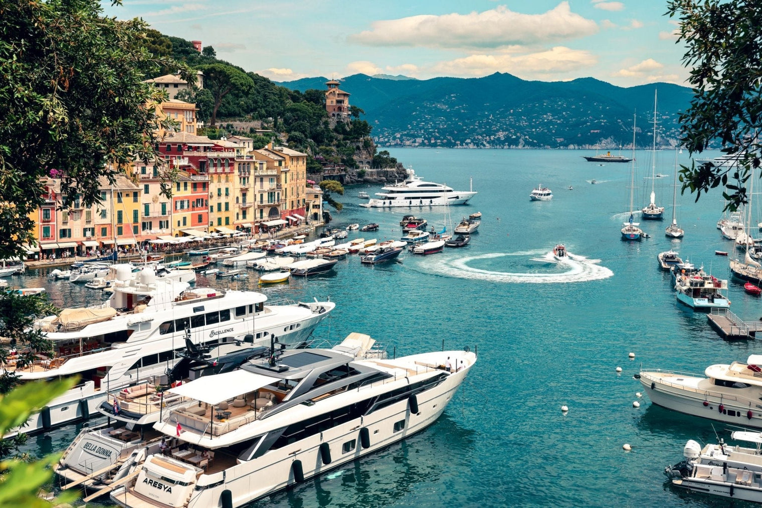 Portofino Print featuring the harbour filled with fishing vessels and superyachts, a scenic view of Portofino.