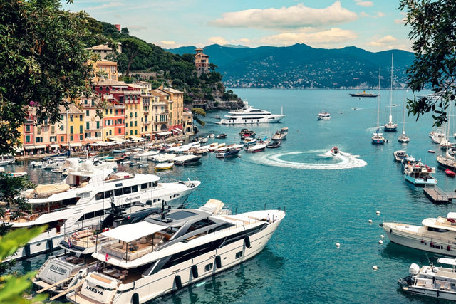 Portofino Print featuring the harbour filled with fishing vessels and superyachts, a scenic view of Portofino.