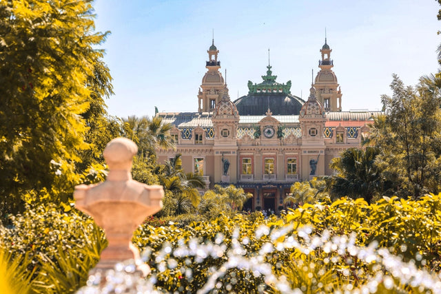 Bust of Prince Charles III overlooking the iconic Casino de Monte Carlo in Monaco Casino Print.